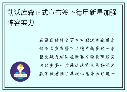 勒沃库森正式宣布签下德甲新星加强阵容实力 勒沃库森正式宣布签下德甲新星加强阵容实力